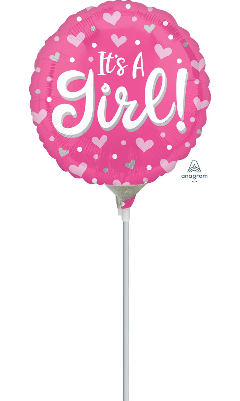 Mini Air-Filled It's A Girl Hearts & Dots 23cm Foil Balloon + Stick